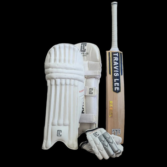 A set of cricket equipment including a bat, gloves, and leg pads.